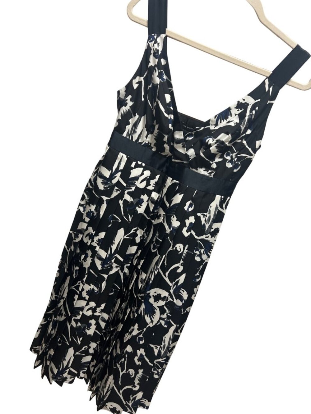 The Limited Y2K Black, Blue and White Floral Pleated Empire Waist Satin Dress